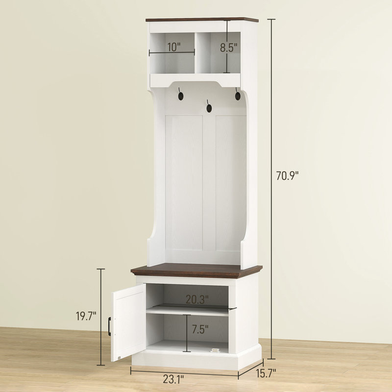Arbre d'entrée 3 en 1 avec rangement pour chaussures, portemanteau avec banc, meuble d'entrée avec cinq crochets, grain de bois blanc