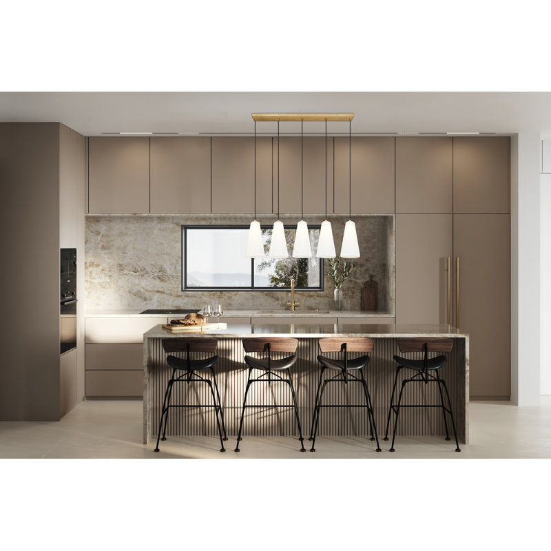 Modern Gold and Nickel 5-Light Linear Chandelier with Frosted Glass Shades
