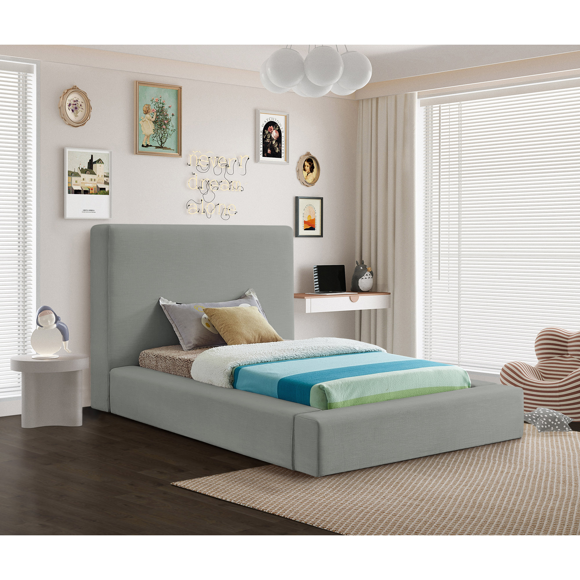 Ishia Upholstered Platform Bed, Grey Linen, Twin