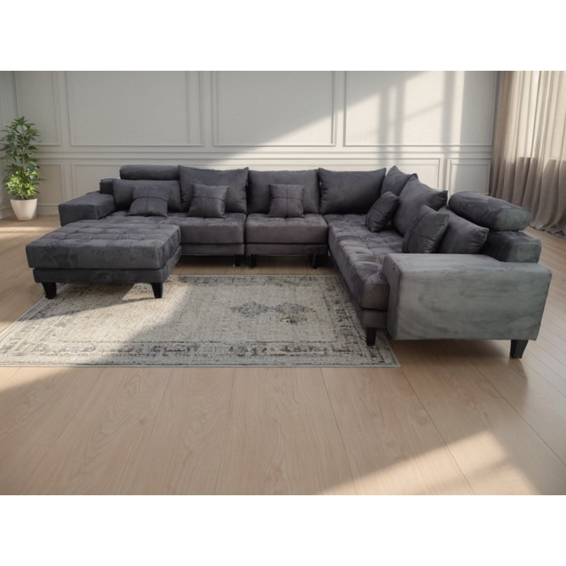 Ensemble de canapé modulaire rembourré en microfibre 5 pièces, Microfibres et suédine gris foncé
