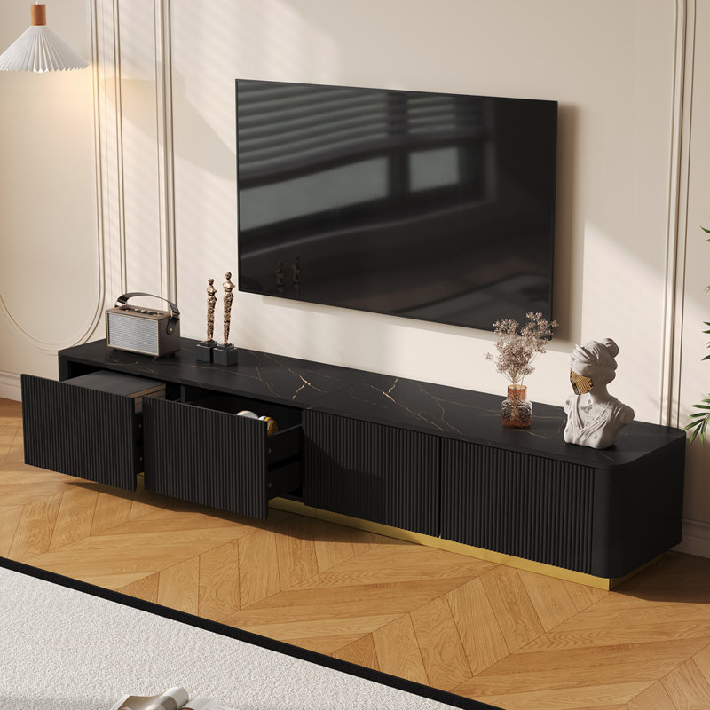 Luxury Fluted TV Stand for TVs Up to 85", Faux Marble Top, 4-Drawer Media Console, Curved Design, Gold Base, Modern Entertainment Center for Living Room