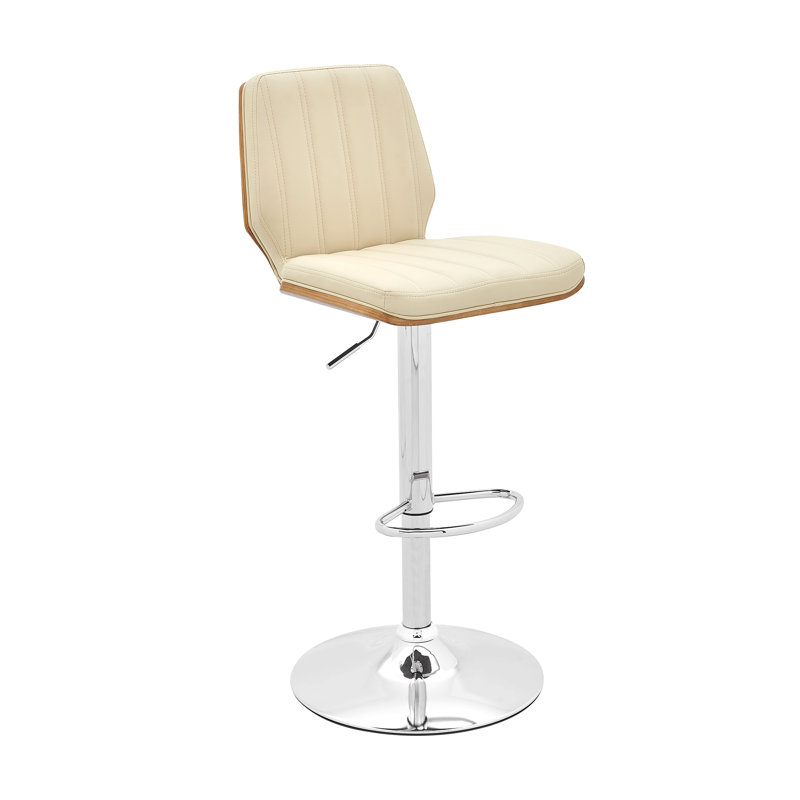 Tabouret de bar réglable pivotant en similicuir crème avec dossier en noyer et chrome