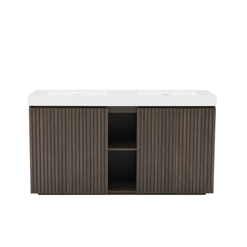 Meuble-lavabo double en noyer, panneau de particules durable, design contemporain pour salle de bain moderne
