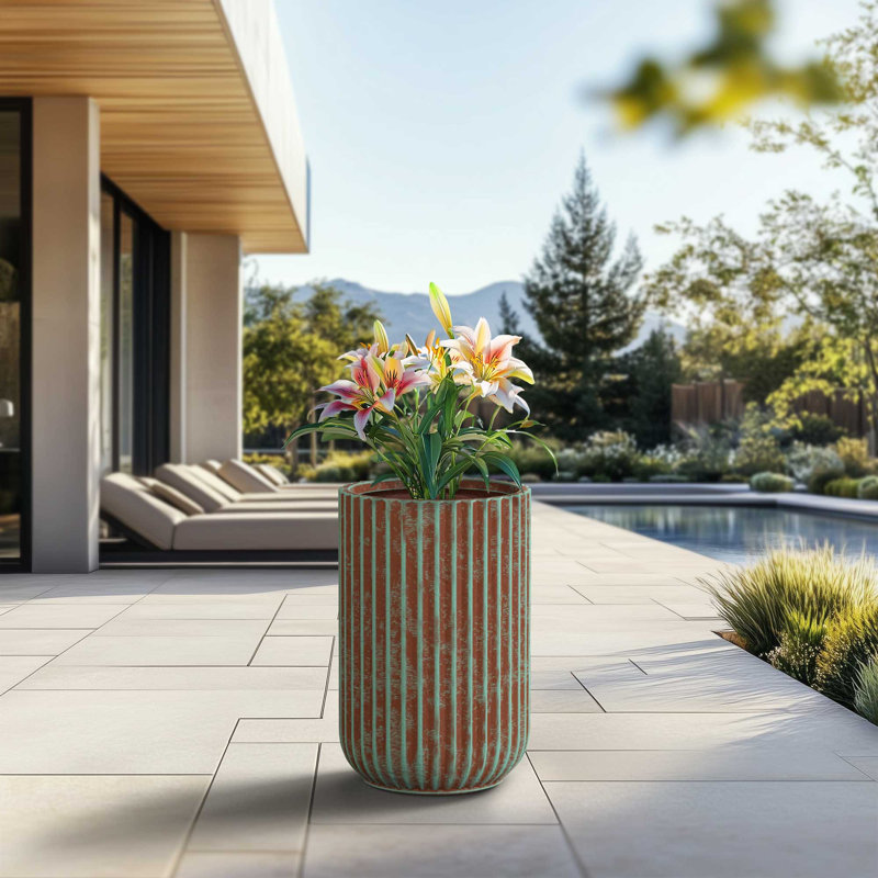 Large Concrete Round Planter / Pot With Drainage Holes, 22.44" H x 13.98" W x 13.98" D, Muted Teal (Upgraded Interior)
