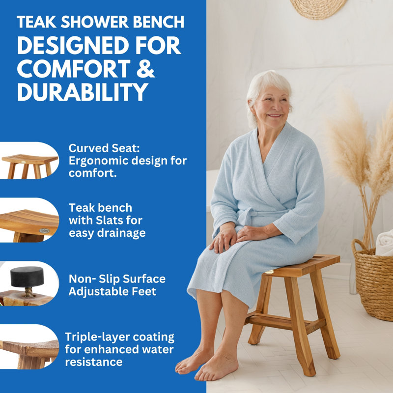EcoDecors' Satori, Teak Shower Bench, Teak Shower Stool, Teak Stool for Inside Shower, Small Shower Stool, Teak Foot Rest, Teak Shower Bench for Inside Shower, in Earthy Teak