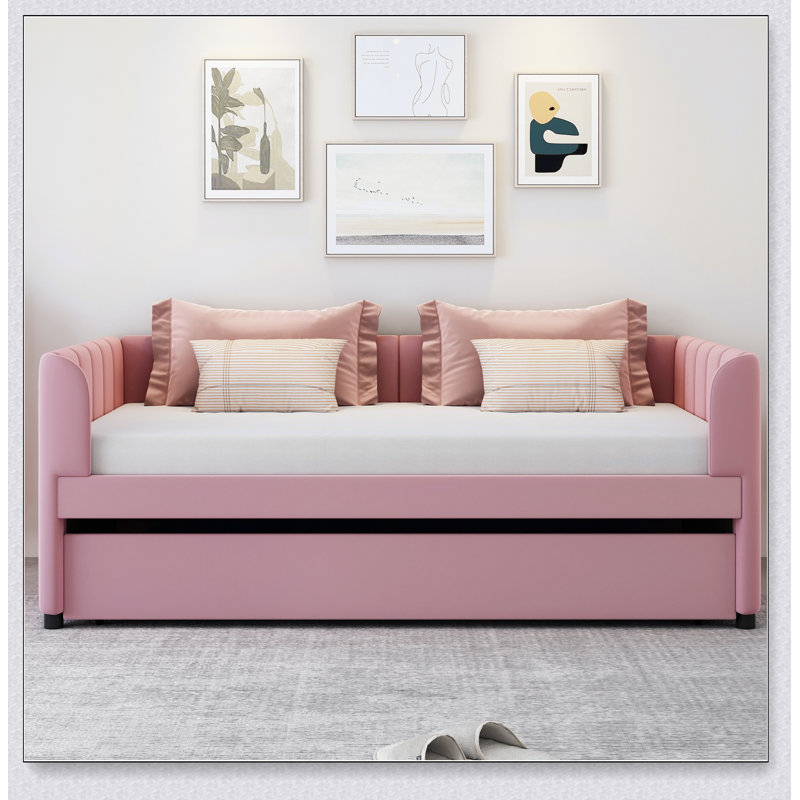 Upholstered Daybed With Ergonomic Design Backrest And Trundle, Pink