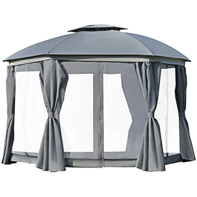 Outsunny Round Outdoor Gazebo, Patio Dome Gazebo Canopy Shelter With Double Roof, Netting Sidewalls And Curtains, Zippered Doors, Strong Steel Frame,