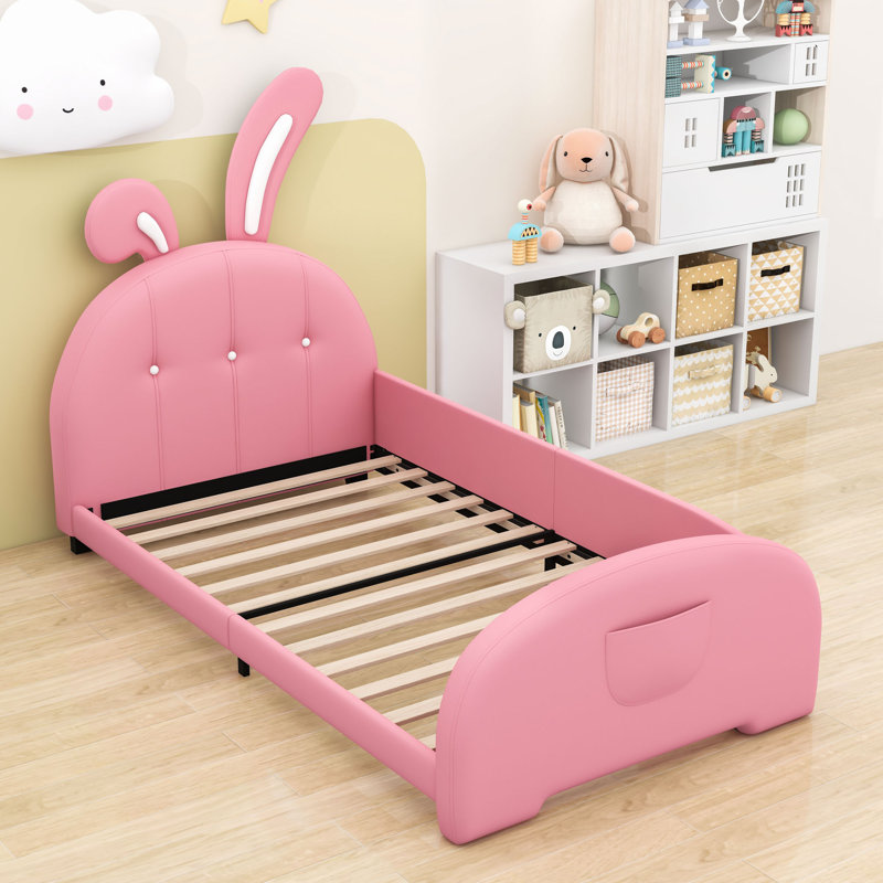 Lit plateforme simple en PU avec tête de lit et pied de lit, Rose