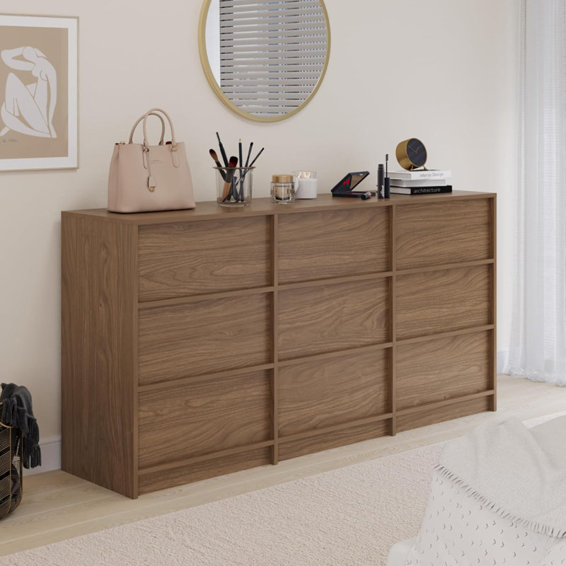 63" W 9 Dresser Drawer For Bedroom, Wood Drawer Dresser With Pull Handle, Beige