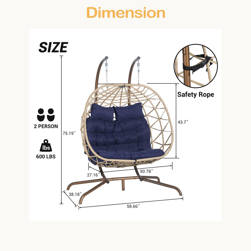 Fauteuil double avec support suspendu en osier et rotin pour l'intérieur et l'extérieur, Bleu très foncé, Naturel