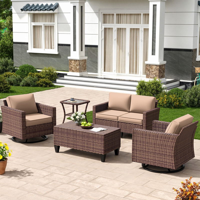 Ensemble de conversation d'extérieur 5 pièces avec tablette, canapé en osier compact et 2 chaises avec table d'appoint, Beige