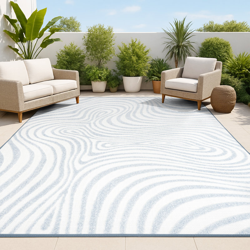 Tapis intérieur / extérieur rayé bleu clair / ivoire Maribo, Rectangle 7 pi 10 po x 10 pi