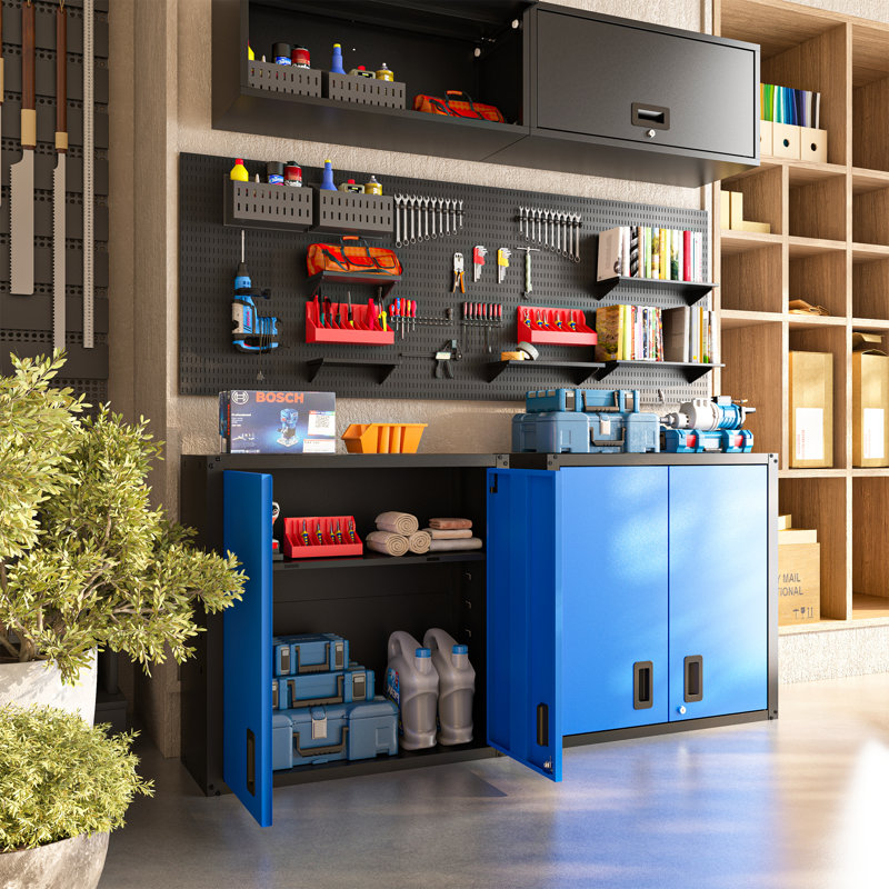 Wall-Mounted Garage Storage Cabinet with Lockable Doors and Adjustable Shelves, Durable Metal Hanging Tool Cabinet for Utility Rooms
