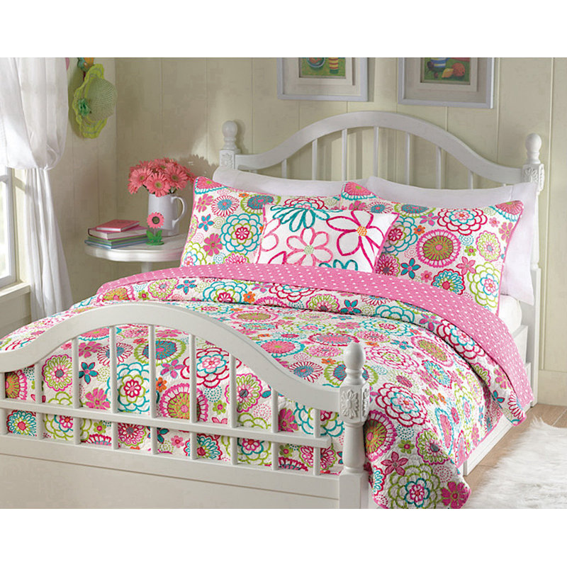  Pink/Turquoise/White Reversible Microfiber Modern & Contemporary Quilt Set, Twin Quilt + 1 Sham