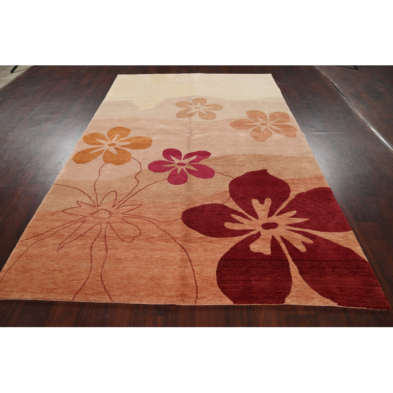 Tapis unique en laine noué à la main beige et rouge nouvel âge 5 pi 1 po x 9 pi