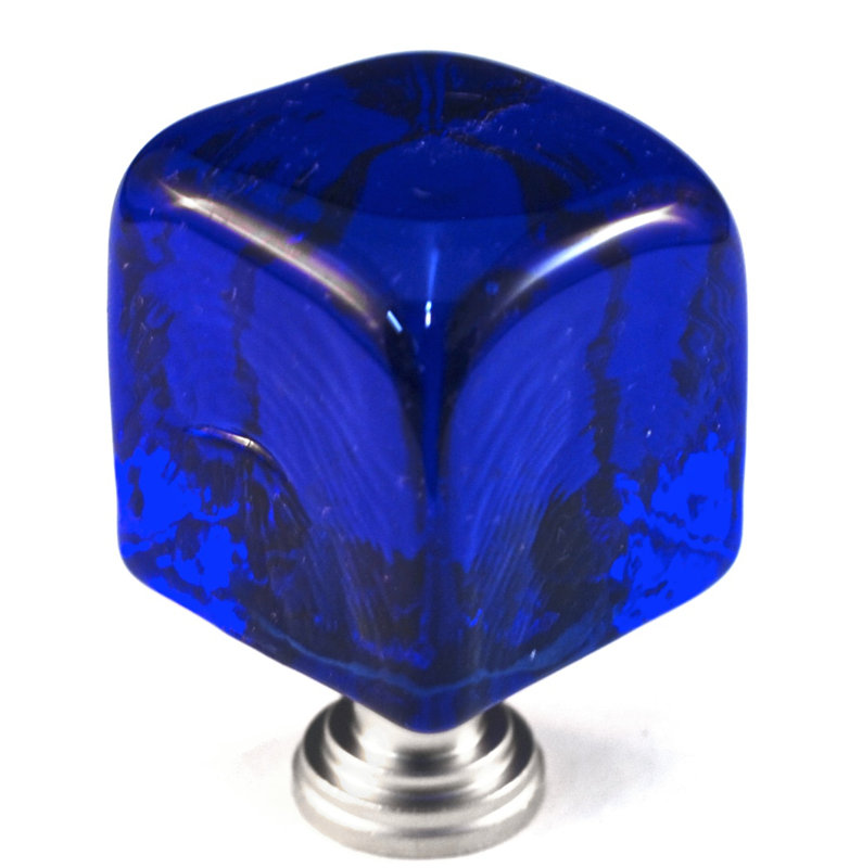 Glass Square Knob, Large, Antique Brass, Blue