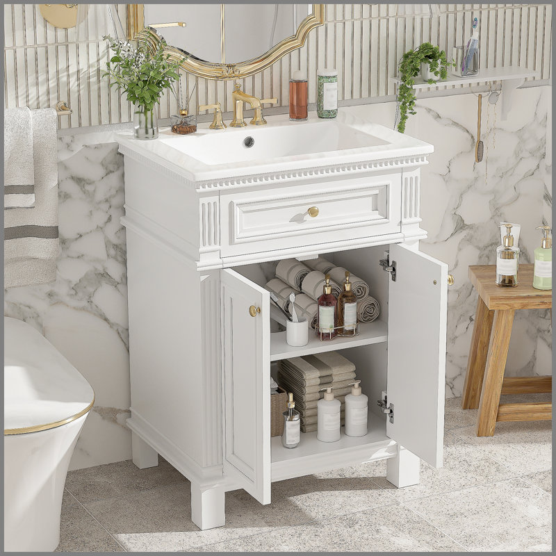 Armoire de salle de bain 24 po avec portes à fermeture douce et tablette réglable, meuble-lavabo avec lavabo en céramique