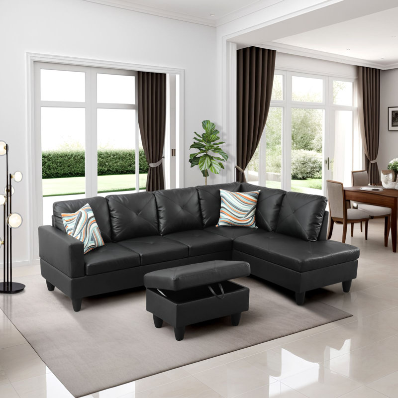 97" Wide Faux Leather Right Hand Facing Sofa & Chaise with Ottoman, Black Faux Leather