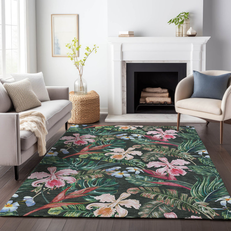 8' x 10' Red Synthetic Floral Washable Rug