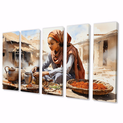 «African Woman At Market II - People», reproduction d'art sur toile - 5 panneaux égaux