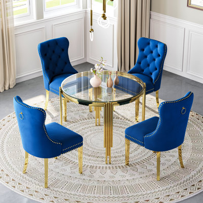 37"Modern Glass Dining Table Set, Irregular Stainless Steel Table Legs And Velvet Tufted Backrest Chairs
