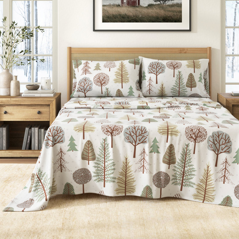 100% Turkish Cotton Winter Flannel Sheet Set, Snowy Forest, Queen with 2 Pillowcases