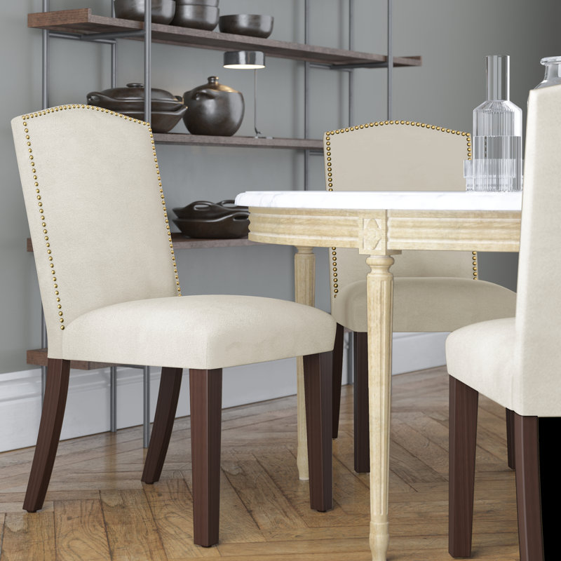 Chaise rembourrée Tietjen, Velours neige de luxe, Bois noir