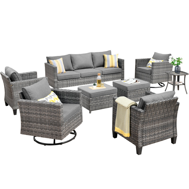 Premium All-Weather Wicker 9 - Person Patio Conversation Set with Cushions, Dark Gray