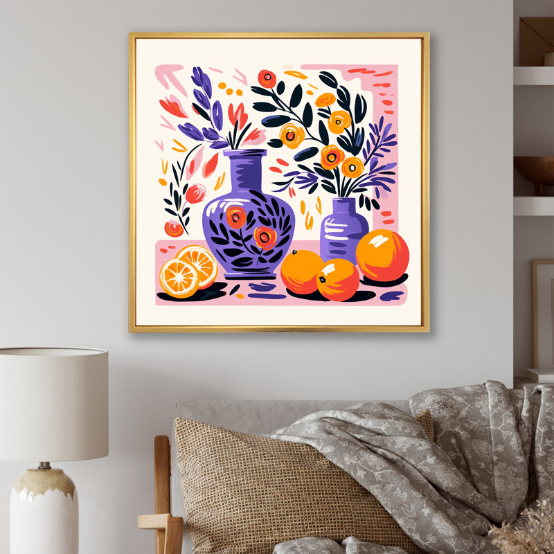 «Mauve Boho Pottery Blooms I», art mural Boho, Cadre flottant doré, H 30 po x l 30 po