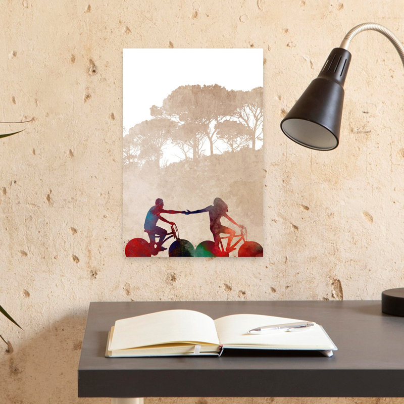 «Biking Couple main dans la main», art contemporain coloré, paysage contemporain, 18" H x 12" W