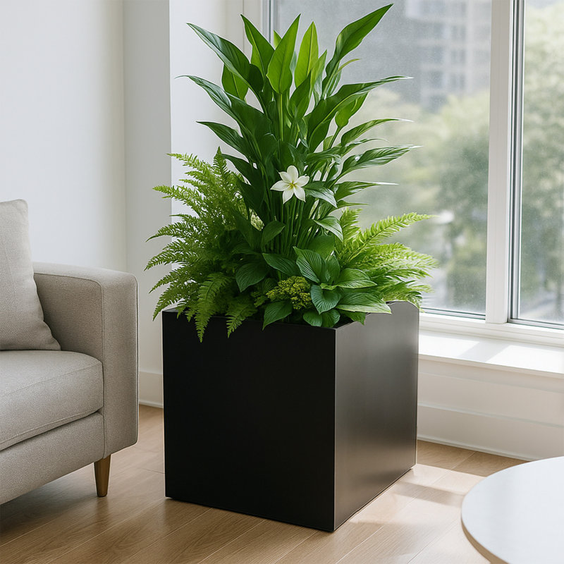 Kozyard 20'' Cube Metal Planter Steel Planter Box, Black Steel Flower Pot with Saucer Partition Panel for Trees Plants Flowers Indoor Outdoor Garden Patio Deck Yard
