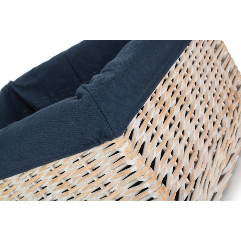 Lily Manor Wicker Storage Basket with Lining , 23cm H x 47cm W x 34cm D, White Wash/Navy