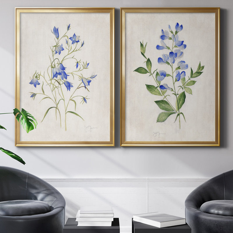 «Blue Botanical I», ensemble de 2 reproductions d'art, H 30,5 po x l 85 po x P 1,5 po, Toile encadrée dorée, Pas de tapis