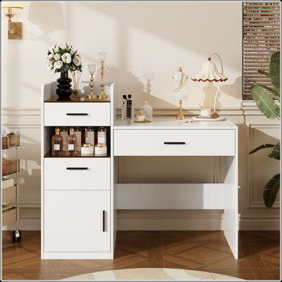 Bureau de coiffeuse 3-en-1 avec miroir rabattable, plateau en verre et rangement caché pour les petits espaces