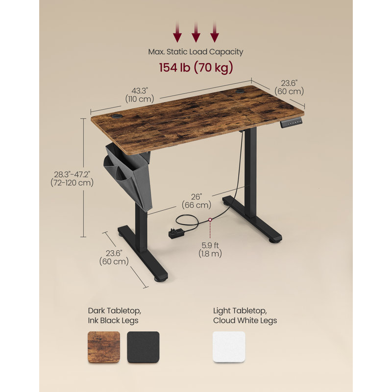 Height Adjustable Rectangle Standing Desk, Brown/Black, 120 H x 110 W x 60 D cm