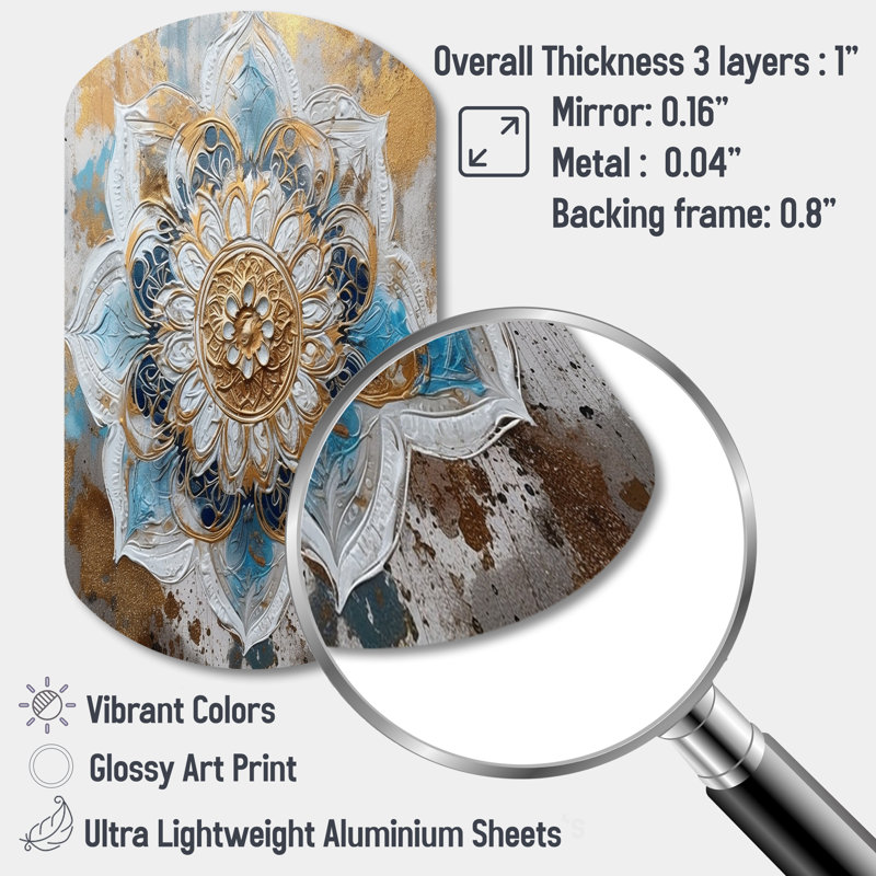 Blue And Gold Mandala I - Boho Mandala Asymmetrical Metal Wall Art, Blue Freeform Metal Art Print, 43" H x 23" W x 1" D
