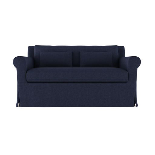 Ludlow Rolled-Arm Skirted Loveseat, Box Weave Linen Alabaster, 34" H x 60" W x 42" D, Weathered