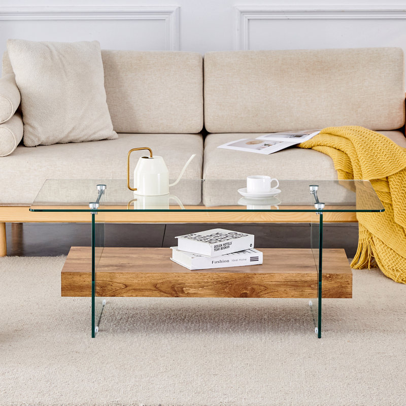 Table basse Kaiser avec plateau en verre et rangement double couche, Bois