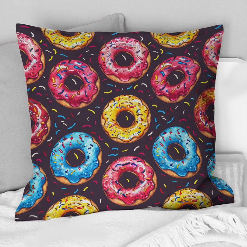 Coussin décoratif à motif de beignets roses et bleus, H 16 po x l 16 po, Carrée