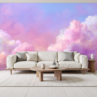 Boho Clouds Peel and Stick Wallpaper Soft Pink Gradient Sky Painting Fluffy Cloud Details Wall Murals 69"H x 96"W Removable PVC Wall Paper Self-Adhesive Wall Decor for Kids Bedroom Nursery Living Room Classroom