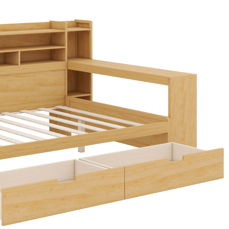Lit de jour double avec tablettes de rangement, lit multifonctionnel avec deux tiroirs de rangement, Natural