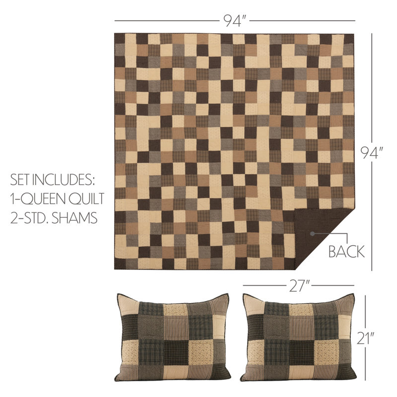 Kettle Grove Queen Black and Beige Cotton Patchwork Quilt Set