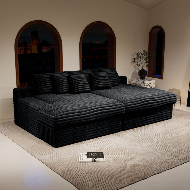  Canapé modulaire 118,1 po, canapé-lit 2 pièces compressé, sans assemblage requis, velours côtelé moelleux, noir, Noir