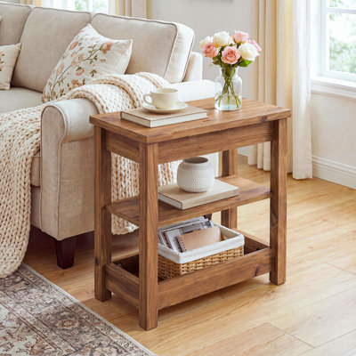 Solid Wood End Table with 3-Tier Storage