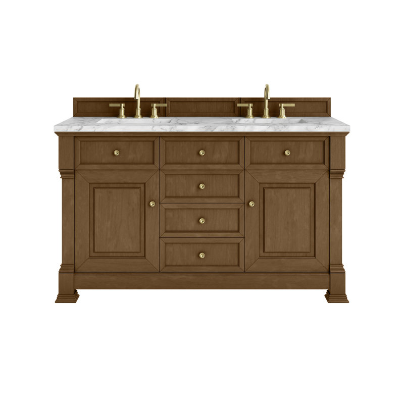 Brookfield 60'' W Double Vanity, Carrara White, Widespread, Honey Oak