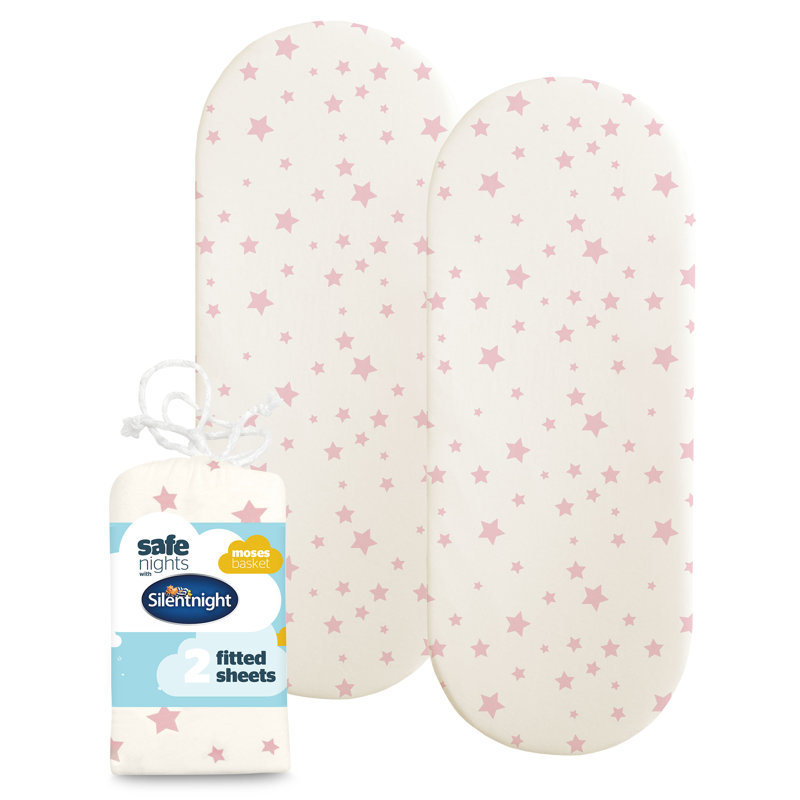 Safe Nights Moses Basket Fitted Sheet 2 Pack, Pink Star