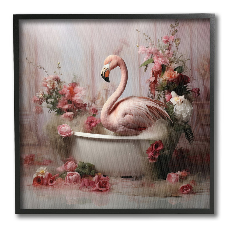 «Flamingo in Stately Bathroom», estampe numérique encadrée par Lazar Studio, Giclée encadrée noir minuit, H 12 po x l 12 po