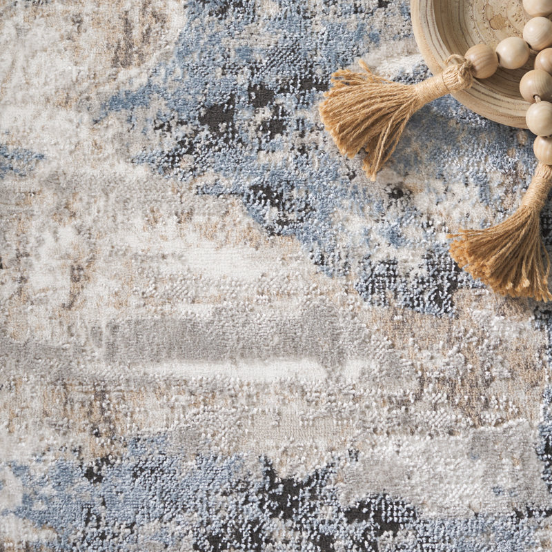 Ivory and Blue Abstract Stain-Resistant Rectangular Rug