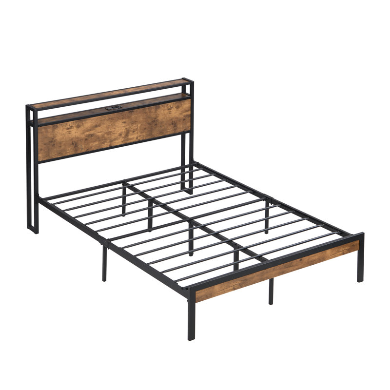 Base de lit plateforme grand en métal avec tête de lit et pied de lit en bois avec port USB, station de charge, 2 tiroirs, aucun sommier requis, assemblage facile