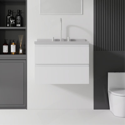 Meuble-lavabo suspendu de 61 cm avec lavabo, tiroir à fermeture amortie, comptoir et dosseret en marbre synthétique blanc granité de 5 cm, contreplaqué